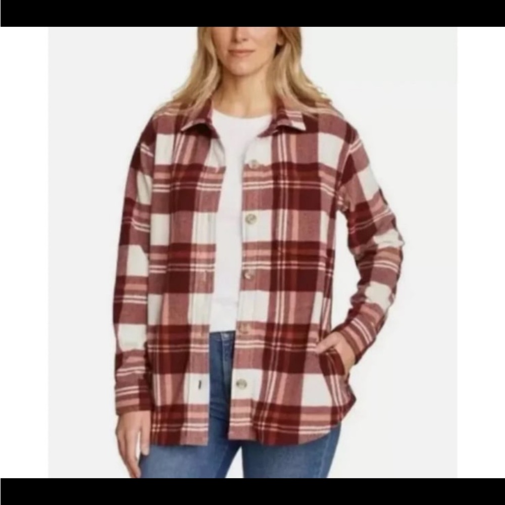 Eddie Bauer Brown and Cream Plaid Button-Down Shirt Jacket - Size XL